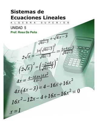 Sistemas de 
Ecuaciones Lineales 
UNIDAD 5 
Prof. Rosa De Peña 
 