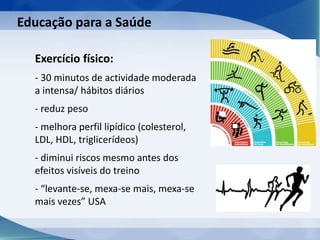 Exercício físico:
- 30 minutos de actividade moderada
a intensa/ hábitos diários
- reduz peso
- melhora perfil lipídico (colesterol,
LDL, HDL, triglicerídeos)
- diminui riscos mesmo antes dos
efeitos visíveis do treino
- “levante-se, mexa-se mais, mexa-se
mais vezes” USA
Educação para a Saúde
 