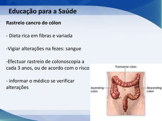 Educação para a Saúde
Rastreio cancro do cólon
- Dieta rica em fibras e variada
-Vigiar alterações na fezes: sangue
-Efectuar rastreio de colonoscopia a
cada 3 anos, ou de acordo com o risco
- informar o médico se verificar
alterações
 