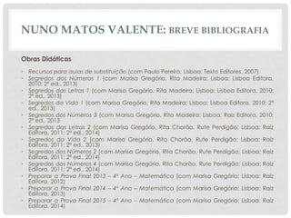 NUNO MATOS VALENTE: BREVE BIBLIOGRAFIA
Obras Didáticas
• Recursos para aulas de substituição (com Paulo Pereira; Lisboa: Texto Editores, 2007)
• Segredos dos Números 1 (com Marisa Gregório, Rita Madeira; Lisboa: Lisboa Editora,
2010; 2ª ed., 2013)
• Segredos das Letras 1 (com Marisa Gregório, Rita Madeira; Lisboa: Lisboa Editora, 2010;
2ª ed., 2013)
• Segredos da Vida 1 (com Marisa Gregório, Rita Madeira; Lisboa: Lisboa Editora, 2010; 2ª
ed., 2013)
• Segredos dos Números 3 (com Marisa Gregório, Rita Madeira; Lisboa: Raiz Editora, 2010;
2ª ed., 2013
• Segredos das Letras 2 (com Marisa Gregório, Rita Chorão, Rute Perdigão; Lisboa: Raiz
Editora, 2011; 2ª ed., 2014)
• Segredos da Vida 2 (com Marisa Gregório, Rita Chorão, Rute Perdigão; Lisboa: Raiz
Editora, 2011; 2ª ed., 2013)
• Segredos dos Números 2 (com Marisa Gregório, Rita Chorão, Rute Perdigão; Lisboa: Raiz
Editora, 2011; 2ª ed., 2014)
• Segredos dos Números 4 (com Marisa Gregório, Rita Chorão, Rute Perdigão; Lisboa: Raiz
Editora, 2011; 2ª ed., 2014)
• Preparar a Prova Final 2013 – 4º Ano – Matemática (com Marisa Gregório; Lisboa: Raiz
Editora, 2012)
• Preparar a Prova Final 2014 – 4º Ano – Matemática (com Marisa Gregório; Lisboa: Raiz
Editora, 2013)
• Preparar a Prova Final 2015 – 4º Ano – Matemática (com Marisa Gregório; Lisboa: Raiz
Editora, 2014)
 