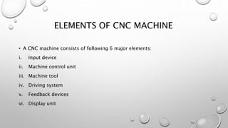 ELEMENTS OF CNC MACHINE
• A CNC machine consists of following 6 major elements:
i. Input device
ii. Machine control unit
iii. Machine tool
iv. Driving system
v. Feedback devices
vi. Display unit
 