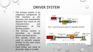 DRIVER SYSTEM
• The driving system is an
important component of
CNC machine as the
accuracy and repeatability
depend very much on the
characteristics and
performance of the
driving system.
• The driving system is
classified as Spindle
drives and feed drives.
• The spindle drives are
used to provide angular
motion to the work piece
or cutting tool.
• Feed drives are used to
drive the slide or a table.
 