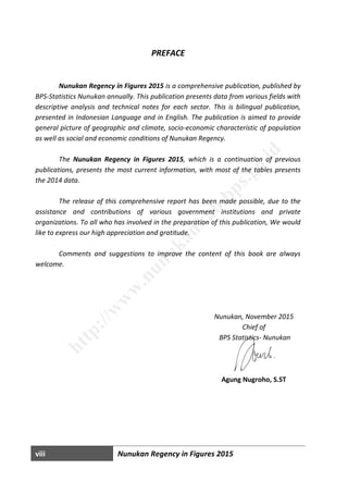 viii Nunukan Regency in Figures 2015
PREFACE
Nunukan Regency in Figures 2015 is a comprehensive publication, published by
BPS-Statistics Nunukan annually. This publication presents data from various fields with
descriptive analysis and technical notes for each sector. This is bilingual publication,
presented in Indonesian Language and in English. The publication is aimed to provide
general picture of geographic and climate, socio-economic characteristic of population
as well as social and economic conditions of Nunukan Regency.
The Nunukan Regency in Figures 2015, which is a continuation of previous
publications, presents the most current information, with most of the tables presents
the 2014 data.
The release of this comprehensive report has been made possible, due to the
assistance and contributions of various government institutions and private
organizations. To all who has involved in the preparation of this publication, We would
like to express our high appreciation and gratitude.
Comments and suggestions to improve the content of this book are always
welcome.
Nunukan, November 2015
Chief of
BPS Statistics- Nunukan
Agung Nugroho, S.ST
http://w
w
w
.nunukankab.bps.go.id
 