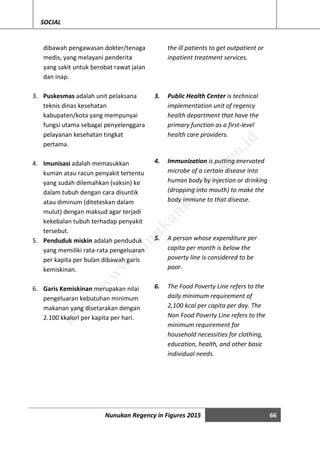 Nunukan Regency in Figures 2015 66
SOCIAL
dibawah pengawasan dokter/tenaga
medis, yang melayani penderita
yang sakit untuk berobat rawat jalan
dan inap.
3. Puskesmas adalah unit pelaksana
teknis dinas kesehatan
kabupaten/kota yang mempunyai
fungsi utama sebagai penyelenggara
pelayanan kesehatan tingkat
pertama.
4. Imunisasi adalah memasukkan
kuman atau racun penyakit tertentu
yang sudah dilemahkan (vaksin) ke
dalam tubuh dengan cara disuntik
atau diminum (diteteskan dalam
mulut) dengan maksud agar terjadi
kekebalan tubuh terhadap penyakit
tersebut.
5. Penduduk miskin adalah penduduk
yang memiliki rata-rata pengeluaran
per kapita per bulan dibawah garis
kemiskinan.
6. Garis Kemiskinan merupakan nilai
pengeluaran kebutuhan minimum
makanan yang disetarakan dengan
2.100 kkalori per kapita per hari.
the ill patients to get outpatient or
inpatient treatment services.
3. Public Health Center is technical
implementation unit of regency
health department that have the
primary function as a first-level
health care providers.
4. Immunization is putting enervated
microbe of a certain disease into
human body by injection or drinking
(dropping into mouth) to make the
body immune to that disease.
5. A person whose expenditure per
capita per month is below the
poverty line is considered to be
poor.
6. The Food Poverty Line refers to the
daily minimum requirement of
2,100 kcal per capita per day. The
Non Food Poverty Line refers to the
minimum requirement for
household necessities for clothing,
education, health, and other basic
individual needs.
http://w
w
w
.nunukankab.bps.go.id
 