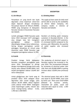 Kabupaten Nunukan Dalam Angka 2015 203
PERTAMBANGAN DAN ENERGI
ULASAN
6.1 Air Minum
Penyediaan air yang bersih dan layak
digunakan untuk keperluan sehari-hari
dapat dipenuhi dengan tersedianya
Perusahaan Daerah Air Minum (PDAM).
PDAM yang beroperasi di Kabupaten
Nunukan berada di Kecamatan Nunukan
dan Sebatik.
Jumlah pelanggan PDAM Nunukan pada
tahun 2014 mencapai 5.677 pelanggan
atau dengan kata lain mengalami
peningkatan sebesar 14,55%
dibandingkan dengan tahun sebelumnya.
Seiring dengan peningkatan jumlah
pelanggan, banyaknya air minum yang
disalurkan pada PDAM Nunukan juga
mengalami peningkatan sebesar 12,78%.
6.2 Listrik
Produksi tenaga listrik Kabupaten
Nunukan mengalami peningkatan pada
tahun 2014. Peningkatan ini diiringi
dengan meningkatnya tenaga listrik yang
terjual, yaitu sebesar 56.866 MWH, atau
terjadi peningkatan sebesar 19,64% dari
tahun sebelumnya.
Untuk penggunaan dari listrik yang di
produksi tahun 2014 sebagian besar
digunakan oleh rumah tangga, yaitu
sebesar 36.547 MWH, diikuti kegiatan
usaha sebesar 9.919 MWH. Sedangkan
untuk kepentingan publik, industri dan
sosial masing-masing sebesar 5.532,
1.493 dan 2.290 MWH.
DESCRIPTION
6.1 Drinking Water
The supply of clean water for daily need
will be able to serve by the availability
of District Water Company, this
company resides in Districts of
Nunukan and Sebatik.
Numbers of drinking water Company
customers in Nunukan Districts in the
year of 2014 reached 5.677 customers,
it’s increased 14,55% compared to the
previous year. Meanwhile, the quantity
of water supplies also increased
12,78%..
6.2 Electricity
The producing of electrical power in
Nunukan regency has increased in the
year 2014. This increasement followed
by increasing of electrical power that
sold, there was 46.866 MWH or getting
increase about 19,64% from previously
year.
The electrical power that sold in 2014
was equal to 36.547 MWH, most used
by home user. There were 9.919 MWH
followed by business activity,
meanwhile for public, social and
industrial were equal to 5.532, 1.493
and 2.290 MWH.
http://w
w
w
.nunukankab.bps.go.id
 
