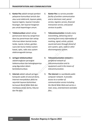 220 Nunukan Regency in Figures 2015
TRANSPORTATION AND COMMUNICATION
6. Kantor Pos adalah tempat pemberi
pelayanan komunikasi tertulis dan
atau surat elektronik, layanan paket,
layanan logistic, layanan transaksi
keuangan, dan layanan keagenan
pos untuk kepentingan umum.
7. Telekomunikasi adalah setiap
pemancaran dana tau oengiriman
dana tau penerimaan dari setiap
informasi dalam bentuk tanda-
tanda, isyarat, tulisan, gambar,
suara dan bunyi melalui system
kawat, optic, radio atau system
elektromagnetik lainnya.
8. Jaringan telekomunikasi
adalahrangkaian perangkat
telekomunikasi dan kelengkapannya
yang digunakan dalam
bertelekomunikasi.
9. Internet adalah sebuah jaringan
komputer public di seluruh dunia.
Internet menyediakan akses ke
sejumlah layanan komunikasi
termasuk World Wide Web dan
membawa email, berita, hiburan
dan file data.
6. Kantor Pos is a service provider
facility of written communication
and or electronic mail, parcel
service, logistics service, financial
transaction service, and postal
services to public.
7. Telecommunication includes every
transmitting, delivering and or
receiving form every information of
marking, signal, article, picture,
sound and voice through strand of
wire system, optic, radio or other
electromagnetic system.
8. Telecommunication network is
peripheral network of
telecommunication and its
equipment used in the means of
telecommunication.
9. The internet is a worldwide public
computer network. It provides
access to a number of
communication service including
the World Wide Web and carries e-
mail, news, entertainment and data
files..
http://w
w
w
.nunukankab.bps.go.id
 