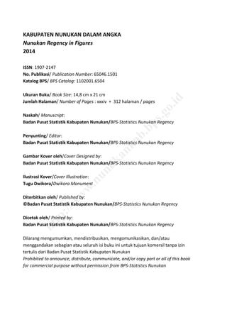 KABUPATEN NUNUKAN DALAM ANGKA
Nunukan Regency in Figures
2014
ISSN: 1907-2147
No. Publikasi/ Publication Number: 65046.1501
Katalog BPS/ BPS Catalog: 1102001.6504
Ukuran Buku/ Book Size: 14,8 cm x 21 cm
Jumlah Halaman/ Number of Pages : xxxiv + 312 halaman / pages
Naskah/ Manuscript:
Badan Pusat Statistik Kabupaten Nunukan/BPS-Statistics Nunukan Regency
Penyunting/ Editor:
Badan Pusat Statistik Kabupaten Nunukan/BPS-Statistics Nunukan Regency
Gambar Kover oleh/Cover Designed by:
Badan Pusat Statistik Kabupaten Nunukan/BPS-Statistics Nunukan Regency
Ilustrasi Kover/Cover Illustration:
Tugu Dwikora/Dwikora Monument
Diterbitkan oleh/ Published by:
©Badan Pusat Statistik Kabupaten Nunukan/BPS-Statistics Nunukan Regency
Dicetak oleh/ Printed by:
Badan Pusat Statistik Kabupaten Nunukan/BPS-Statistics Nunukan Regency
Dilarang mengumumkan, mendistribusikan, mengomunikasikan, dan/atau
menggandakan sebagian atau seluruh isi buku ini untuk tujuan komersil tanpa izin
tertulis dari Badan Pusat Statistik Kabupaten Nunukan
Prohibited to announce, distribute, communicate, and/or copy part or all of this book
for commercial purpose without permission from BPS-Statistics Nunukan
http://w
w
w
.nunukankab.bps.go.id
 