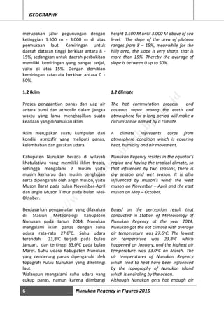 6 Nunukan Regency in Figures 2015
GEOGRAPHY
merupakan jalur pegunungan dengan
ketinggian 1.500 m - 3.000 m di atas
permukaan laut. Kemiringan untuk
daerah dataran tinggi berkisar antara 8 -
15%, sedangkan untuk daerah perbukitan
memiliki kemiringan yang sangat terjal,
yaitu di atas 15%. Dengan demikian
kemiringan rata-rata berkisar antara 0 -
50%.
1.2 Iklim
Proses penggantian panas dan uap air
antara bumi dan atmosfir dalam jangka
waktu yang lama menghasilkan suatu
keadaan yang dinamakan iklim.
Iklim merupakan suatu kumpulan dari
kondisi atmosfir yang meliputi panas,
kelembaban dan gerakan udara.
Kabupaten Nunukan berada di wilayah
khatulistiwa yang memiliki iklim tropis,
sehingga mengalami 2 musim yaitu
musim kemarau dan musim penghujan
serta dipengaruhi oleh angin muson, yaitu
Muson Barat pada bulan November-April
dan angin Muson Timur pada bulan Mei-
Oktober.
Berdasarkan pengamatan yang dilakukan
di Stasiun Meteorologi Kabupaten
Nunukan pada tahun 2014, Nunukan
mengalami iklim panas dengan suhu
udara rata-rata 27,60C. Suhu udara
terendah 23,80C terjadi pada bulan
Januari, dan tertinggi 33,00C pada bulan
Maret. Suhu udara Kabupaten Nunukan
yang cenderung panas dipengaruhi oleh
topografi Pulau Nunukan yang dikelilingi
laut.
Walaupun mengalami suhu udara yang
cukup panas, namun karena diimbangi
height 1.500 M until 3.000 M above of sea
level. The slope of the area of plateau
ranges from 8 – 15%, meanwhile for the
hilly area, the slope is very sharp, that is
more than 15%. Thereby the average of
slope is between 0 up to 50%.
1.2 Climate
The hot commutation process and
aqueous vapor among the earth and
atmosphere for a long period will make a
circumstance named by a climate.
A climate represents corps from
atmosphere condition which is covering
heat, humidity and air movement.
Nunukan Regency resides in the equator’s
region and having the tropical climate, so
that influenced by two seasons, there is
dry season and wet season. It is also
influenced by muson’s wind; the west
muson on November – April and the east
muson on May – October.
Based on the perception result that
conducted in Station of Meteorology of
Nunukan Regency at the year 2014,
Nunukan got the hot climate with average
air temperature was 27,6oC. The lowest
air temperature was 23,8oC which
happened on January, and the highest air
temperature was 33,0oC on March. The
air temperatures of Nunukan Regency
which tend to heat have been influenced
by the topography of Nunukan Island
which is encircling by the ocean.
Although Nunukan gets hot enough air
http://w
w
w
.nunukankab.bps.go.id
 