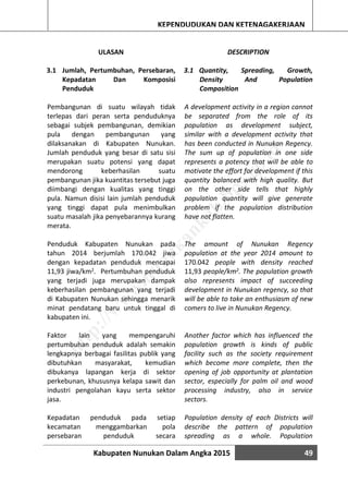 Kabupaten Nunukan Dalam Angka 2015 49
KEPENDUDUKAN DAN KETENAGAKERJAAN
ULASAN
3.1 Jumlah, Pertumbuhan, Persebaran,
Kepadatan Dan Komposisi
Penduduk
Pembangunan di suatu wilayah tidak
terlepas dari peran serta penduduknya
sebagai subjek pembangunan, demikian
pula dengan pembangunan yang
dilaksanakan di Kabupaten Nunukan.
Jumlah penduduk yang besar di satu sisi
merupakan suatu potensi yang dapat
mendorong keberhasilan suatu
pembangunan jika kuantitas tersebut juga
diimbangi dengan kualitas yang tinggi
pula. Namun disisi lain jumlah penduduk
yang tinggi dapat pula menimbulkan
suatu masalah jika penyebarannya kurang
merata.
Penduduk Kabupaten Nunukan pada
tahun 2014 berjumlah 170.042 jiwa
dengan kepadatan penduduk mencapai
11,93 jiwa/km2. Pertumbuhan penduduk
yang terjadi juga merupakan dampak
keberhasilan pembangunan yang terjadi
di Kabupaten Nunukan sehingga menarik
minat pendatang baru untuk tinggal di
kabupaten ini.
Faktor lain yang mempengaruhi
pertumbuhan penduduk adalah semakin
lengkapnya berbagai fasilitas publik yang
dibutuhkan masyarakat, kemudian
dibukanya lapangan kerja di sektor
perkebunan, khususnya kelapa sawit dan
industri pengolahan kayu serta sektor
jasa.
Kepadatan penduduk pada setiap
kecamatan menggambarkan pola
persebaran penduduk secara
DESCRIPTION
3.1 Quantity, Spreading, Growth,
Density And Population
Composition
A development activity in a region cannot
be separated from the role of its
population as development subject,
similar with a development activity that
has been conducted in Nunukan Regency.
The sum up of population in one side
represents a potency that will be able to
motivate the effort for development if this
quantity balanced with high quality. But
on the other side tells that highly
population quantity will give generate
problem if the population distribution
have not flatten.
The amount of Nunukan Regency
population at the year 2014 amount to
170.042 people with density reached
11,93 people/km2. The population growth
also represents impact of succeeding
development in Nunukan regency, so that
will be able to take an enthusiasm of new
comers to live in Nunukan Regency.
Another factor which has influenced the
population growth is kinds of public
facility such as the society requirement
which become more complete, then the
opening of job opportunity at plantation
sector, especially for palm oil and wood
processing industry, also in service
sectors.
Population density of each Districts will
describe the pattern of population
spreading as a whole. Population
http://w
w
w
.nunukankab.bps.go.id
 