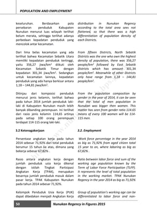 50 Nunukan Regency in Figures 2015
POPULATION AND EMPLOYMENT
keseluruhan. Berdasarkan pola
persebaran penduduk Kabupaten
Nunukan menurut luas wilayah terlihat
belum merata, sehingga terlihat adanya
perbedaan kepadatan penduduk yang
mencolok antar kecamatan.
Dari lima belas kecamatan yang ada
terlihat bahwa Kecamatan Sebatik Utara
memiliki kepadatan penduduk tertinggi,
yaitu 356,27 jiwa/km2 diikuti oleh
Kecamatan Sebatik Timur dengan
kepadatan 301,34 jiwa/km2. Sedangkan
untuk kecamatan lainnya, kepadatan
penduduk yang ada hanya berkisar antara
1,18 – 144,81 jiwa/km2.
Ditinjau dari komposisi penduduk
menurut jenis kelamin, terlihat bahwa
pada tahun 2014 jumlah penduduk laki-
laki di Kabupaten Nunukan masih lebih
banyak dibanding perempuan. Ini terlihat
dari rasio jenis kelamin 114,65 artinya
pada setiap 100 orang perempuan
terdapat 114-115 orang laki-laki.
3.2 Ketenagakerjaan
Persentase angkatan kerja pada tahun
2014 sebesar 71,92% dari total penduduk
berumur 15 tahun ke atas, dimana yang
bekerja sebesar 67,82% .
Rasio antara angkatan kerja dengan
jumlah penduduk usia kerja dikenal
dengan istilah Tingkat Partisipasi
Angkatan Kerja (TPAK), merupakan
besarnya jumlah penduduk masuk dalam
pasar kerja. TPAK Kabupaten Nunukan
pada tahun 2014 sebesar 71,92%.
Kelompok Penduduk Usia Kerja (PUK)
dapat dibedakan menjadi Angkatan Kerja
distribution in Nunukan Regency
according to the total area sees not
flattened, so that there was a high
differentiation of population density of
each Districts.
From fifteen Districts, North Sebatik
Districts was the one who own the highest
density of population, there was 356,27
people/km2 followed by East Sebatik
Districts which has amount 301,34
people/km2. Meanwhile of other Districts
only have range from 1,18 – 144,81
people/km2.
From the population composition by
gender in the year of 2014, it can be seen
that the total of men population in
Nunukan was bigger then women. This
matter has seen from gender ratio 114.65
means of every 100 women will be 114-
115 men.
3.2. Employment
Work force percentage in the year 2014
as big as 71,92% from aged citizen total
15 year to on, where laboring as big as
67,82% .
Ratio between labor force and sum of the
working age population known by the
Term of Labor Force Participation (TLFP).
It represents the level of total population
in the working market. TPAK Nunukan
Regency in the year 2014 as big as 71,92%
Group of population’s working age can be
differentiated to labor force and non-
http://w
w
w
.nunukankab.bps.go.id
 