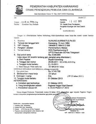 PEM ERI NTAH KABUPATEN KARAWANG
DINAS PENDTPI KAN, PEMUDA DAN OLAI{RAGA
Jalan Sruotokunto Nomor 72 Telp. (4267] 45215 Karawang
1395
Nomor ; 822.{ lsr.3l4t -Pee
Perihai : Kenaiken Geii Eerkala
l-jengan ini diberitahukan bahwa
1.^*t,.i...
^
ut leu3,
'1. ili ama
2. Tempat dan tanggal lahir
3. NIP i Karpeg
4. Pangkat l.iabatan
5. Tempat bekerja
:u. (iajr poi(ok lama
a. Oiei'r Pejabat
b. Tanggal dan nomor
c. Tanggal rnulai berlaku
d. Masa kerja gol. Pada walqtu tsb. : 22 tahun 00 trulan
DIP-EFJKAN KENAIKAII G*,JI tsERKALA. sehingga memperoleh :
i atas dasar SK terakhir tentang gaji, pangkat yang ditentukan )
hdodel E 1
Karawano.'--- -'-'--. e, , ,:! I I lta qnt?
Konatla ' i rj iiu,J gu t''r v>'$Ys -
Yth. Kepda Dinas Pendapatan,
Pengdo{a Keuangan dan Aset Daerah
d
KARAWANG
berhubung telah drpenuhinya masa keqa dan svarat - syarat larnnlra
: NUNUNG NURBAETI,S.Pd.SD
: Karawang, 15 Juni 1964
: 19640615 198410 2 006
: PembinalGuru Madya
: SDN Pasirkamuning llt
UPTD Paud dan SD Kec"Telagasari
: Rp.3.030.900
: Bupati Karawang
: 26-09-201 1, S2?.4'1SK.4103-Peg
: 01-1G2O11
i Gaji pokok }:aru
8. Berdasarkam !"na$a kerja
S Golongan i ruang
'i*. Tangga{ mulai berlaku
r/F?FnalaAtlr
ntr , ElaAtl5Ftv
a. Kenaikan gaji herikutnya
b. Yang bersangkuhn adalah
_
c. Pendidikan sesuaiSK
: Rp.3.743.700
: 24 tahun
: lVla
: 0t Olttober 2013
( PP 22 tahun 2013 )
agar kepada Pegawai Negeri
DINAS PENDIDIKAN,
DAN OLAHRAGA
; 01 Oktober 2015
: Pegawai Negeri Sipil Daerah
: S.{iA.lV PGSD UT 7.412
S*suai denga:rPeraturan Fernerintah nomor ZZraihrxr 2A1.3,
iersebr-it dibayedxan penghasiiannya berdasarkan gaji pokok yang
TEtu1BUSAN : disampaikan kepada
1. Inspcldur Kab. Karawang ;
2. Kepala BKD Kab. KarEwang;
3. Kepaia UPTD Paud den SD Kec.Tslagasari
d. Pegawai yang bersangkutan untuk diketahui rian
dipergunakan sebagimana mesiinya-
p#,,:a ir.'al:;,.-:;
*,r, -^-*.**{:i.r
MNtP. 1S651012 199203 I OO9
Pembina Tk.l
 