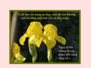 « Ta đã ban cho nàng sự nhạy cảm để yêu thương
     con cái bằng một tình yêu vô điều kiện,




                                 Ngay cả khi
                                 chúng đã xúc
                                 phạm đến nàng
                                 nặng nề »
 