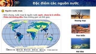 Đặc điểm các nguồn nước
Nguồn nước mưa
- Nhìn chung, nước mưa là nguồn nước sạch, chưa bị ô nhiễm.
- Phân bố không đều theo không gian và thời gian.
Hoang mạc
Ven biển
Hải đảo
 