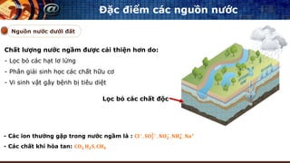 Đặc điểm các nguồn nước
Nguồn nước dưới đất
Chất lượng nước ngầm được cải thiện hơn do:
- Lọc bỏ các hạt lơ lửng
- Phân giải sinh học các chất hữu cơ
- Vi sinh vật gây bệnh bị tiêu diệt
Lọc bỏ các chất độc
- Các ion thường gặp trong nước ngầm là : 𝐂𝐥−
, 𝐒𝐎 𝟐
𝟐−
, 𝐍𝐎 𝟐
−
, 𝐍𝐇 𝟒
+
, 𝐍𝐚+
- Các chất khí hòa tan: 𝐂𝐎 𝟐, 𝐇 𝟐 𝐒, 𝐂𝐇 𝟒
 