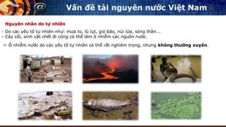 Vấn đề tài nguyên nước Việt Nam
Nguyên nhân do tự nhiên
- Do các yếu tố tự nhiên như: mưa to, lũ lụt, gió bão, núi lửa, sóng thần...
- Cây cối, sinh vật chết đi cũng có thể làm ô nhiễm các nguồn nước.
 Ô nhiễm nước do các yếu tố tự nhiên có thể rất nghiêm trọng, nhưng không thường xuyên.
 