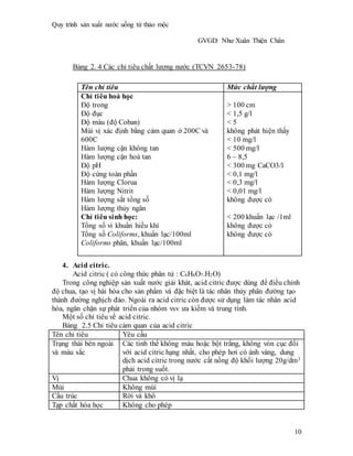 Quy trình sản xuất nước uống từ thảo mộc
GVGD: Như Xuân Thiện Chân
10
Bảng 2. 4 Các chỉ tiêu chất lượng nước (TCVN 2653-78)
4. Acid citric.
Acid citric ( có công thức phân tử : C6H8O7.H2O)
Trong công nghiệp sản xuất nước giải khát, acid citric được dùng để điều chỉnh
độ chua, tạo vị hài hòa cho sản phẩm và đặc biệt là tác nhân thủy phân đường tạo
thành đường nghịch đảo. Ngoài ra acid citric còn được sử dụng làm tác nhân acid
hóa, ngăn chặn sự phát triển của nhóm vsv ưa kiềm và trung tính.
Một số chỉ tiêu về acid citric.
Bảng 2.5 Chỉ tiêu cảm quan của acid citric
Tên chỉ tiêu Yêu cầu
Trạng thái bên ngoài
và màu sắc
Các tinh thể không màu hoặc bột trắng, không vón cục đối
với acid citric hạng nhất, cho phép hơi có ánh vàng, dung
dịch acid citric trong nước cất nồng độ khối lượng 20g/dm3
phải trong suốt.
Vị Chua không có vị lạ
Mùi Không mùi
Cấu trúc Rời và khô
Tạp chất hóa học Không cho phép
Tên chỉ tiêu Mức chất lượng
Chỉ tiêu hoá học
Độ trong
Độ đục
Độ màu (độ Coban)
Mùi vị xác định bằng cảm quan ở 200C và
600C
Hàm lượng cặn không tan
Hàm lượng cặn hoà tan
Độ pH
Độ cứng toàn phần
Hàm lượng Clorua
Hàm lượng Nitrit
Hàm lượng sắt tổng số
Hàm lượng thủy ngân
Chỉ tiêu sinh học:
Tổng số vi khuẩn hiếu khí
Tổng số Coliforms, khuẩn lạc/100ml
Coliforms phân, khuẩn lạc/100ml
> 100 cm
< 1,5 g/l
< 5
không phát hiện thấy
< 10 mg/l
< 500 mg/l
6 – 8,5
< 300 mg CaCO3/l
< 0,1 mg/l
< 0,3 mg/l
< 0,01 mg/l
không được có
< 200 khuẩn lạc /1ml
không được có
không được có
 