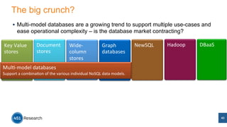 The big crunch? 
§ Multi-model databases are a growing trend to support multiple use-cases and 
ease operational complexity – is the database market contracting? 
43 
Wide-­‐ 
column 
stores 
Key 
Value 
stores 
Graph 
databases 
Document 
stores 
Mul/-­‐model 
databases 
Support 
a 
combina/on 
of 
the 
various 
individual 
NoSQL 
data 
models. 
NewSQL 
Hadoop 
DBaaS 
 