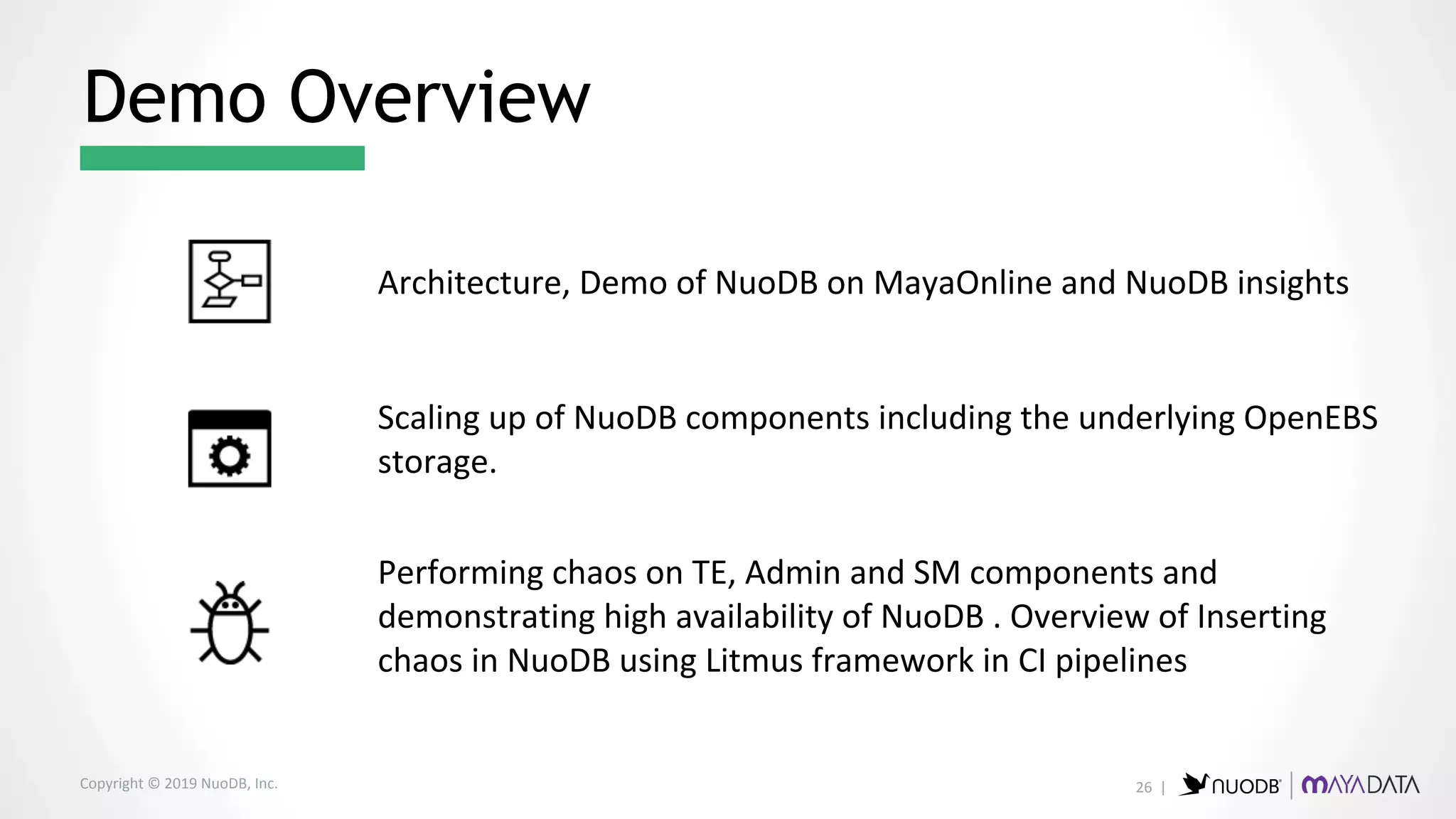 Copyright © 2019 NuoDB, Inc.
Demo Overview
Architecture, Demo of NuoDB on MayaOnline and NuoDB insights
Scaling up of NuoDB components including the underlying OpenEBS
storage.
Performing chaos on TE, Admin and SM components and
demonstrating high availability of NuoDB . Overview of Inserting
chaos in NuoDB using Litmus framework in CI pipelines
26 |
 