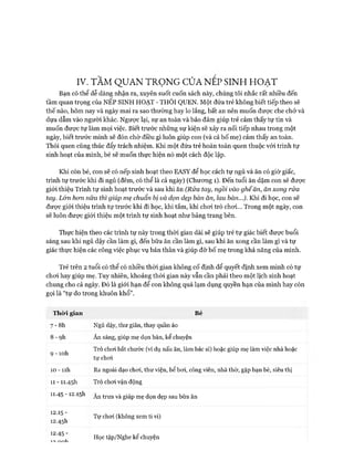 IV. TẦM QUAN TRỌNG CỦA NEP sin h h o ạ t
Bạn có thể dễ dàng nhận ra, xuyên suốt cuốn sách này, chúng tôi nhắc rất nhiều đến
tầm quan trọng của NẾP SINH HOẠT - THỐI QUEN. Một đứa trẻ không biết tiếp theo sẽ
thế nào, hôm nay và ngày mai ra sao thường hay lo lắng, bất an nên muốn được che chở và
dựa dẫm vào người khác. Ngược lại, sự an toàn và bảo đảm giúp trẻ cảm thấy tự tin và
muốn được tự làm mọi việc. Biết trước những sự kiện sẽ xảy ra nối tiếp nhau trong một
ngày, biết trước mình sẽ đón chờ điều gì luôn giúp con (và cả bố mẹ) cảm thấy an toàn.
Thói quen cũng thúc đẩy trách nhiệm. Khi một đứa trẻ hoàn toàn quen thuộc vói trình tự
sinh hoạt của mình, bé sẽ muốn thực hiện nó một cách độc lập.
Khi còn bé, con sẽ có nếp sinh hoạt theo EASY để học cách tự ngủ và ăn có giờ giấc,
trình tự trước khi đi ngủ (đêm, có thể là cả ngày) (Chưong 1). Đến tuổi ăn dặm con sẽ được
giói thiệu Trình tự sinh hoạt trước và sau khi ăn (Rửa tay, ngồi vào ghếổn, ăn xong rửa
tay. Lớn hon nữa thì giúp mẹ chuẩn bị và dọn dẹp bàn ăn, lau bàn...). Khi đi học, con sẽ
được giói thiệu trình tự trước khi đi học, khi tắm, khi choi trò choi... Trong một ngày, con
sẽ luôn được giói thiệu một trình tự sinh hoạt như bảng trang bên.
Thực hiện theo các trình tự này trong thòi gian dài sẽ giúp trẻ tự giác biết đưực buổi
sáng sau khi ngủ dậy cần làm gì, đến bữa ăn cần làm gì, sau khi ăn xong cần làm gì và tự
giác thực hiện các công việc phục vụ bản thân và giúp đỡ bố mẹ trong khả năng của mình.
Trẻ trên 2 tuổi có thể có nhiều thòi gian không cố định để quyết định xem mình có tự
choi hay giúp mẹ. Tuy nhiên, khoảng thòi gian này vẫn cần phải theo một lịch sinh hoạt
chung cho cả ngày. Đó là giói hạn để con không quá lạm dụng quyền hạn của mình hay còn
gọi là “tự do trong khuôn khổ”.
Thừi gian
7 " 8h
8 -ọ h
9 - ìoh
10 - nh
11 - 11.45I1
11.45 - 12.15I1
Bé
Ngủ dậy, thư giãn, thay quần áo
Ăn sáng, giúp mẹ dọn bàn, kể chuyện
Trò choi bắt chước (ví dụ nấu ăn, làm bác sĩ) hoặc giúp mẹ làm việc nhà hoặc
tự choi
Ra ngoài dạo choi, thư viện, bể boi, công viên, nhà thờ, gặp bạn bè, siêu thị
Trò choi vận động
Ăn trưa và giúp mẹ dọn dẹp sau bữa ăn
12.15 -
12.45I1
12.45 -
1 0 nnVi
Tự choi (không xem ti vi)
Học tập/Nghe kể chuyện
 
