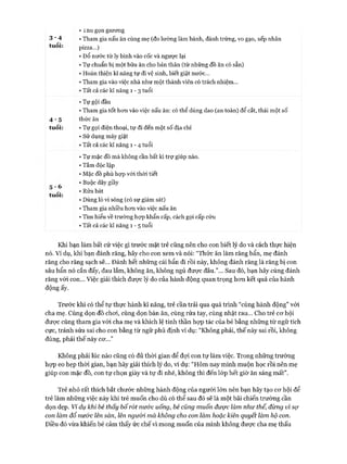 • i nu gọn giương
3 ■ 4 • Tham gia nấu ăn cùng mẹ (đo lường làm bánh, đánh trứng, vo gạo, xếp nhân
tuôỉ: pizza...)
• Đổ nước từ ly bình vào cốc và ngược lại
• Tự chuẩn bị một bữa ăn cho bản thân (từ những đồ ăn có sẵn)
• Hoàn thiện kĩ năng tự đi vệ sinh, biết giật nước...
• Tham gia vào việc nhà như một thành viên có trách nhiệm...
• Tất cả các kĩ năng 1 - 3 tuổi
• Tự gội đầu
• Tham gia tốt hơn vào việc nấu ăn: có thể dùng dao (an toàn) để cắt, thái một số
4 - 5 thức ăn
tuổi: • Tự gọi điện thoại, tự đi đến một số địa chỉ
• Sử dụng máy giặt
• Tất cả các kĩ năng 1 - 4 tuổi
• Tự mặc đồ mà không cần bất kì trợ giúp nào.
• Tắm độc lập
• Mặc đồ phù họp vói thòi tiết
^ • Buộc dây giầy
^ • Rửa bát
tuôi: , , ,
• Dùng lò vi sóng (có sự giám sát)
• Tham gia nhiều hơn vào việc nấu ăn
• Tìm hiểu về trường họp khẩn cấp, cách gọi cấp cứu
• Tất cả các kĩ năng 1 - 5 tuổi
Khi bạn làm bất cứ việc gì trước mặt trẻ cũng nên cho con biết lý do và cách thực hiện
nó. Ví dụ, khi bạn đánh răng, hãy cho con xem và nói: “Thức ăn làm răng bẩn, mẹ đánh
răng cho răng sạch sẽ... Đánh hết những cái bẩn đi rồi này, không đánh răng là răng bị con
sâu bẩn nó cắn đấy, đau lắm, không ăn, không ngủ được đâu.”... Sau đó, bạn hãy cùng đánh
răng vói con... Việc giải thích được lý do của hành động quan trọng hơn kết quả của hành
động ấy.
Trước khi có thể tự thực hành kĩ năng, trẻ cần trải qua quá trình “cùng hành động” vói
cha mẹ. Cùng dọn đồ choi, cùng dọn bàn ăn, cùng rửa tay, cùng nhặt rau... Cho trẻ cơ hội
được cùng tham gia vói cha mẹ và khích lệ tinh thần họp tác của bé bằng những từ ngữ tích
cực, tránh sửa sai cho con bằng từ ngữ phủ định ví dụ: “Không phải, thế này sai rồi, không
đúng, phải thế này cơ...”
Không phải lúc nào cũng có đủ thòi gian để đợi con tự làm việc. Trong những trường
họp eo hẹp thời gian, bạn hãy giải thích lý do, ví dụ: “Hôm nay mình muộn học rồi nên mẹ
giúp con mặc đồ, con tự chọn giày và tự đi nhé, không thì đến lóp hết giờ ăn sáng m ất”.
Trẻ nhỏ rất thích bắt chước những hành động của người lớn nên bạn hãy tạo cơ hội để
trẻ làm những việc này khi trẻ muốn cho dù có thể sau đó sẽ là một bãi chiến trường cần
dọn dẹp. Ví dụ khỉ bé thấy bố rót nước uống, bé cũng muốn được làm như thế, đừng vì sợ
con làm đổ nư&c lên sàn, lên ngưòi mà không cho con làm hoặc kiên quyết làm hộ con.
Điều đó vừa khiến bé cảm thấy ức chế vì mong muốn của mình không được cha mẹ thấu
 