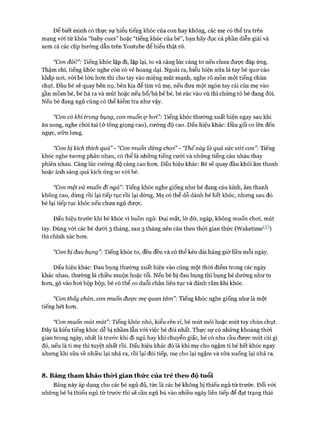 Đê’ biết mình có thực sự hiểu tiếng khóc của con hay không, các mẹ có thể tra trên
mạng vói từ khóa “baby cues” hoặc “tiếng khóc của bé”, bạn hãy đọc cả phần diễn giải và
xem cả các clip hướng dẫn trên Youtube để hiểu thật rõ.
“Con đói!”: Tiếng khóc lặp đi, lặp lại, to và càng lúc càng to nếu chưa được đáp ứng.
Thậm chí, tiếng khóc nghe còn có vẻ hoang dại. Ngoài ra, biểu hiện nữa là tay bé quơ cào
khắp noi, vói bé lớn hơn thì cho tay vào miệng mút mạnh, nghe rõ mồn một tiếng chùn
chụt. Đầu bé sẽ quay bên nọ, bên kia để tìm vú mẹ, nếu đưa một ngón tay cái của mẹ vào
gần mồm bé, bé há ra và mút hoặc nếu bố/bà bế bé, bé rúc vào vú thì chứng tỏ bé đang đói.
Nếu bé đang ngủ cũng có thể kiểm tra như vậy.
“Con có khí trong bụng, con muốn ợ hoi”: Tiếng khóc thường xuất hiện ngay sau khi
ăn xong, nghe chói tai (ở tông giọng cao), cường độ cao. Dấu hiệu khác: Đầu gối co lên đến
ngực, ưỡn lưng.
“Con bị kích thích quá” - “Con muốn dừng choi” - “Thếnày là quá sức vói con”: Tiếng
khóc nghe tương phản nhau, có thể là những tiếng cười và những tiếng càu nhàu thay
phiên nhau. Càng lúc cường độ càng cao hơn. Dấu hiệu khác: Bé sẽ quay đầu khỏi âm thanh
hoặc ánh sáng quá kích ứng so vói bé.
“Con mệt và muốn đi ngủ”: Tiếng khóc nghe giống như bé đang cáu kỉnh, âm thanh
không cao, dừng rồi lại tiếp tục rồi lại dừng. Mẹ có thể dỗ dành bé hết khóc, nhưng sau đó
bé lại tiếp tục khóc nếu chưa ngủ được.
Dấu hiệu trước khi bé khóc vì buồn ngủ: Dụi mắt, lờ đờ, ngáp, không muốn chơi, mút
tay. Đúng với các bé dưới 3 tháng, sau 3 tháng nên căn theo thòi gian thức (Waketime^5^)
thì chính xác hơn.
“Con bị đau bụng”: Tiếng khóc to, đều đều và có thể kéo dài hàng giờ liền mỗi ngày.
Dấu hiệu khác: Đau bụng thường xuất hiện vào cùng một thời điểm trong các ngày
khác nhau, thường là chiều muộn hoặc tối. Nếu bé bị đau bụng thì bụng bé dường như to
hơn, gõ vào hơi bộp bộp, bé có thể co duỗi chân liên tục và đánh rắm khi khóc.
“Con thấy chán, con muốn được mẹ quan tâm”: Tiếng khóc nghe giống như là một
tiếng hét hơn.
“Con muốn mút mát”: Tiếng khóc nhỏ, kiểu rên rỉ, bé mút môi hoặc mút tay chùn chụt.
Đây là kiểu tiếng khóc dễ bị nhầm lẫn vói việc bé đói nhất. Thực sự có những khoảng thòi
gian trong ngày, nhất là trước khi đi ngủ hay khi chuyển giấc, bé có nhu cầu được mút cái gì
đó, nếu là ti mẹ thì tuyệt nhất rồi. Dấu hiệu khác đó là khi mẹ cho ngậm ti bé hết khóc ngay
nhưng khi sữa về nhiều lại nhả ra, rồi lại đòi tiếp, mẹ cho lại ngậm và sữa xuống lại nhả ra.
8. Bảng tham khảo thò*i gian thức của trẻ theo độ tuổi
Bảng này áp dụng cho các bé ngủ đủ, tức là các bé không bị thiếu ngủ từ trước. Đối vói
những bé bị thiếu ngủ từ trước thì sẽ cần ngủ bù vào nhiều ngày liên tiếp để đạt trạng thái
 