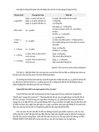 Sau đây là bảng thòi gian cho bú dành cho các bé có cân nặng từ 3kg trở lên.
Nhóm tuổi Trong bao lâu Mật độ
Ngày 1: 5 phút mỗi bên vú. Cả ngày, bất cứ khi nào bé muốn.
3 ngày đầu. Ngày 2:10 phút mỗi bên vú. 2 tiếng/lần.
Ngày 3:15 phút mỗi bên vú. 2,5 tiếng/lần
Ban ngày 2,5 - 3 tiếng/lần.
Đến 6 tuần 25 - 45 phút
Ăn thêm (Cluster feed) 17I1,19I1 (Chiều
muộn).
Bú đêm: 4 -5 tiếng/lần.
3 - 3>5 tiếng/lần.
6 tuần - 4
tháng
15 - 30 phút
16 tuần: ban đêm cách 6 -8 tiếng mới bú.
Sau 8 tuần không cho bé ăn thêm cữ cluster
feed nữa.
4 -6 tháng 10 - 20 phút
Ngày: 4 tiếng/lần
Cữ đêm 8 - 1 0 tiếng.
6 -9 tháng
10 phút. Nếu ăn dặm thì bú
trước ăn sau.
Ngày: 4 tiếng/lần.
Ngủ xuyên đêm không bú.
9 - 1 2 tháng
10 phút. Nếu ăn dặm thì bú
trước ăn sau.
Ngày: 4 -5 tiếng/lần.
Ngủ xuyên đêm không bú.
Nguồn: The secrects ofthe haby whisperer
Cột thứ 3 - Mật độ dành cho các bạn cho con bú theo lịch tự đặt ra, những bạn cho con
bú theo yêu cầu chỉ cần xem vói tính chất tham khảo.
Có những bé từ khi mói sinh lực mút đã mạnh thì có khi chỉ cần 10,15 phút là bé bú đủ
no. Mẹ lưu ý nếu bé chỉ bú 10,15 phút mà sau đó 3 tiếng mói đòi bú lại thì không việc gì
phải cố gắng kéo dài thòi gian bú của bé làm gì.
Làm th ế nào khi con ngủ quên trên vú mẹ?
Các bé khi bú trực tiếp thường hay bị tình trạng ngủ chỉ sau 5 phút bú vì gặp đưực
“thuốc ngủ” mang tên oxytocin^. Thường thì lúc đó các mẹ cứ nghĩ rằng con bú đủ rồi và
để cho con ngủ. Và tình trạng con ngủ được khoảng 20, 30 phút (sau khi oxytocin hết tác
dụng) lại oe oe dậy đòi bú, các mẹ lại không biết vì sao con khóc (vi nghĩ vừa cho bú rồi), thế
là kiểm tra bỉm, hay nghĩ con gắt ngủ và ru ngủ, con khóc mệt quá ngủ thiếp đi rồi một tí lại
dậy, lúc này mẹ lại cho bú và vòng luẩn quẩn ăn vặt, ngủ vặt lại bắt đầu.
Các mẹ nên vắt bớt sữa đầu đi để con không bú phải quá nhiều oxytocin, nếu mẹ nào
nhiều sữa thì có thể vắt gần hết sữa đầu đến lúc thấy sữa chuyển sang lờ nhờ hoi trong hoi
đục thì cho con bú cũng được. Nếu vắt bót sữa rồi mà con vẫn ngủ quên thì chúng ta CÂN
ĐÁNH THỨC CON DẬY để con bú cho đủ no, sau đó còn luyện con tự ngủ nữa.
 