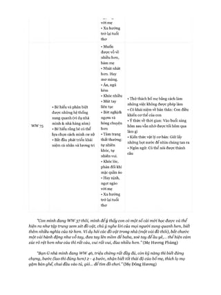 ww75
với mẹ
• Xu hướng
trỏ*lại tuổi
thơ
• Bé hiểu và phân biệt
được những hệ thống
xung quanh (ví dụ nhà
mình & nhà hàng xóm)
• Bé hiểu rằng bé có thể
lựa chọn cách mình cư xử
• Bắt đầu phát triển khái
niệm cá nhân và lương tri
• Muốn
được vỗ về
nhiều hơn,
bám mẹ
• Nhút nhát
hơn. Hay
mơ màng.
• Ăn, ngủ
kém
• Khóc nhiều
• Mút tay
liên tục
• Bớt nghịch
ngợm và
hóng chuyện
hơn
• Tâm trạng
thất thường:
tự nhiên
khóc, tự
nhiên vui.
• Khóc lóc,
phản đối khi
mặc quần áo
• Hay nịnh,
ngọt ngào
với mẹ
• Xu hướng
trở lại tuổi
thơ
• Thử thách bố mẹ bằng cách làm
những việc không được phép làm
• Có khái niệm về bản thân: Con điều
khiển cơ thể của con
• Ý thức về thòi gian: Vào buổi sáng
hôm sau vẫn nhớ được tối hôm qua
làm gì
• Kiến thức vật lý cơ bản: Giữ lấy
những bọt nước để nhìn chúng tan ra
• Ngôn ngữ: Có thể nói được thành
câu
”Con mình đang ww37 thôi, mình để ý thấy con có một số cái mói học được và thể
hiện ra như tập trung xem xét đồ vật, chú ý nghe lòi của mọi người xung quanh hom, biết
thêm nhiều nghĩa của từ hom. Ví dụ hỏi các đồ vật trong nhà (một vài đồ thôi), bắt chước
một vài hành động như vỗ tay, đưa tay lên mồm để baba, xoè tay để ầu yê,... thểhiện cảm
xúc rõ rệt hom như cáu thì rất cáu, vui rất vui, đùa nhiều hom.” (Mẹ Hương Phùng)
“Bạn Gnhà mình đang ww46, triệu chứng rất đầy đủ, còn kỹnăng thì biết đứng
chựng, bư&c (lao thì đúng hom) 2 - 4 bư&c, nhận biết tốt thái độ của bố mẹ, thích lọ mọ
gặm bàn ghế, chui đầu vào tủ, giỏ... để tìm đồ choi.” (Mẹ Đông Hương)
 