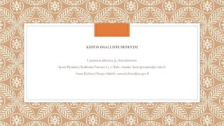 KIITOS OSALLISTUMISESTA!
Lisätietoa aiheesta ja yhteydenotot:
Katri Peräaho/Kalliolan Nuoret ry, e-Talo –hanke: katri.peraaho@e-talo.fi
Anna Kolster/Sexpo-Säätiö: anna.kolster@sexpo.fi
 
