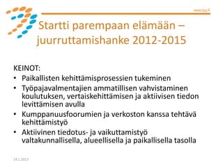 Startti parempaan elämään –
            juurruttamishanke 2012-2015

KEINOT:
• Paikallisten kehittämisprosessien tukeminen...
