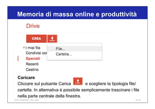 Memoria di massa online e produttività
33 / 65
Caricare
Cliccare sul pulsante Carica e scegliere la tipologia file/
cartella. In alternativa è possibile semplicemente trascinare i file
nella parte centrale della finestra.
Online Collaboration - Nino Lopez
 