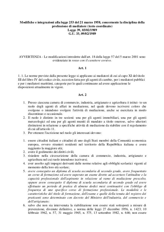 Legge N. 39 Del 1989 E Successive Integrazioni E Modifiche whidan Legge N. 39 Del 1989 E Successive Integrazioni E Modifiche whidan