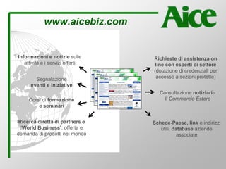 www.aicebiz.com
Informazioni e notizie sulle
attività e i servizi offerti
Segnalazione
eventi e iniziative
Corsi di formazione
e seminari
Ricerca diretta di partners e
‘World Business’: offerta e
domanda di prodotti nel mondo
Richieste di assistenza on
line con esperti di settore
(dotazione di credenziali per
accesso a sezioni protette)
Schede-Paese, link e indirizzi
utili, database aziende
associate
Consultazione notiziario
Il Commercio Estero
 