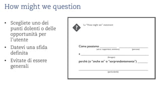 How mightwequestion 
• 
Sceglieteunodeipuntidolentio delleopportunitàper l’utente 
• 
Dateviunasfidadefinita 
• 
Evitatedi esseregenerali  