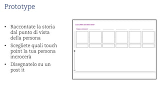 Prototype 
• 
Raccontatela storiadal puntodi vista dellapersona 
• 
Sceglietequalitouch point la tuapersona incrocerà 
• 
Disegnatelosuun post it  