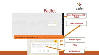 Padlet
Barra degli strumenti di
Padlet
Come pubblicare
Titolo
Scrivi qualcosa
Cancella il post
 