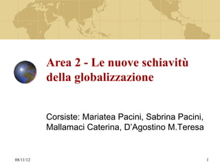 Area 2 - Le nuove schiavitù
           della globalizzazione


           Corsiste: Mariatea Pacini, Sabrina Pacini,
           Mallamaci Caterina, D’Agostino M.Teresa


08/11/12                                                1
 