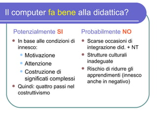 Il computer  fa   bene  alla didattica? In base alle condizioni di innesco: Motivazione Attenzione Costruzione di significati complessi  Quindi: quattro passi nel costruttivismo Scarse occasioni di integrazione did. + NT Strutture culturali inadeguate Rischio di ridurre gli apprendimenti (innesco anche in negativo) Potenzialmente  SI Probabilmente  NO 