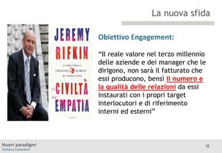 La nuova sfida
Obiettivo Engagement:
TITOLO

Moodle

“Il reale valore nel terzo millennio
delle aziende e dei manager che le
dirigono, non sarà il fatturato che
essi producono, bensì il numero e
la qualità delle relazioni da essi
instaurati con i propri target
interlocutori e di riferimento
interni ed esterni”

Nuovi paradigmi
Stefano Colombini

12

 