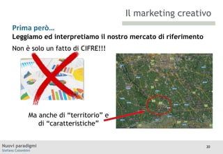 Il marketing creativo
Prima però…
Leggiamo ed interpretiamo il nostro mercato di riferimento
TITOLOè
Non

Moodle
solo un fatto di CIFRE!!!

Ma anche di “territorio” e
di “caratteristiche”
Nuovi paradigmi
Stefano Colombini

20

 
