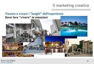 Il marketing creativo
Trovare e creare i “luoghi” dell’esperienza
Dove fare “vivere” le emozioni

TITOLO

Nuovi paradigmi
Stefano Colombini

Moodle

22

 