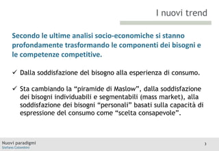 I nuovi trend
Secondo le ultime analisi socio-economiche si stanno
TITOLO
Moodle
profondamente trasformando le componenti dei bisogni e
le competenze competitive.
 Dalla soddisfazione del bisogno alla esperienza di consumo.
 Sta cambiando la “piramide di Maslow”, dalla soddisfazione
dei bisogni individuabili e segmentabili (mass market), alla
soddisfazione dei bisogni “personali” basati sulla capacità di
espressione del consumo come “scelta consapevole”.

Nuovi paradigmi
Stefano Colombini

3

 