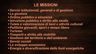 LE MISSIONI
Servizi istituzionali, generali e di gestione
La giustizia
Ordine pubblico e sicurezza
Istruzione pubblica e diritto allo studio
Tutela e valorizzazione di beni e attività culturali
Politiche giovanili, sport e tempo libero
Turismo
Trasporti e diritto alla mobilità
Gestione del territorio e dell’ambiente
Servizi sociali
Lo sviluppo economico
Energia e diversificazione delle fonti energetiche
 