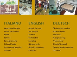 ITALIANO ENGLISH DEUTSCH
Agricoltura biologica Organic Farming Ökologischer Landbau
Analisi del terreno Soil analysis Bodenanalysen
Batteri Bacteria Bakterien
Bonifica Reclamation Rückgewinnung
Campionamento Sampling Probenahme
Ciclo dell’azoto Nitrogen cycle Stickstoffkreislauf
Componente organica Organic component Organischen Komponente
Composit Composit Composit
 