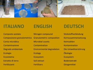 ITALIANO ENGLISH DEUTSCH
Composto azotato Nitrogen compound Stickstoffverbindung
Composizione granulometrica Granulometric composition Kornzusammensetzung
Conta microbica Microbial counts Keimzahlen
Contaminazione Contamination Kontamination
Degrado ambientale Environmental degradation Die Umweltzerstörung
Ecologia Ecology Ökologie
Ecosistema Ecosystem Ecosystem
Estratto di terra Soil extract Bodenextrakt
Fertilizzanti Fertilizers Düngemittel
 