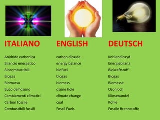 ITALIANO ENGLISH DEUTSCH
Anidride carbonica carbon dioxide Kohlendioxyd
Bilancio energetico energy balance Energiebilanz
Biocombustibili biofuel Biokraftstoff
Biogas biogas Biogas
Biomassa biomass Biomasse
Buco dell’ozono ozone hole Ozonloch
Cambiamenti climatici climate change Klimawandel
Carbon fossile coal Kohle
Combustibili fossili Fossil Fuels Fossile Brennstoffe
 