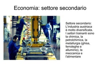 Economia: settore secondario
Settore secondario:
L'industria austriaca
è molto diversificata.
I settori trainanti sono
la chimica, la
petrolchimica, la
metallurgia (ghisa,
ferroleghe e
alluminio), la
meccanica e
l'alimentare
 