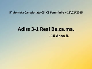 8° giornata Campionato CSI C5 Femminile – 15022015
Adiss 3-1 Real Be.ca.ma.
- 10 Anna B.
 