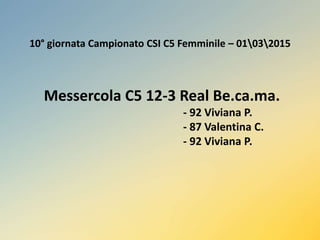 10° giornata Campionato CSI C5 Femminile – 01032015
Messercola C5 12-3 Real Be.ca.ma.
- 92 Viviana P.
- 87 Valentina C.
- 92 Viviana P.
 