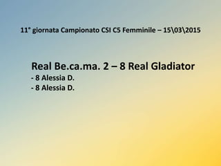 11° giornata Campionato CSI C5 Femminile – 15032015
Real Be.ca.ma. 2 – 8 Real Gladiator
- 8 Alessia D.
- 8 Alessia D.
 