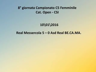 8° giornata Campionato C5 Femminile
Cat. Open - CSI
10012016
Real Messercola 5 – 0 Asd Real BE.CA.MA.
 